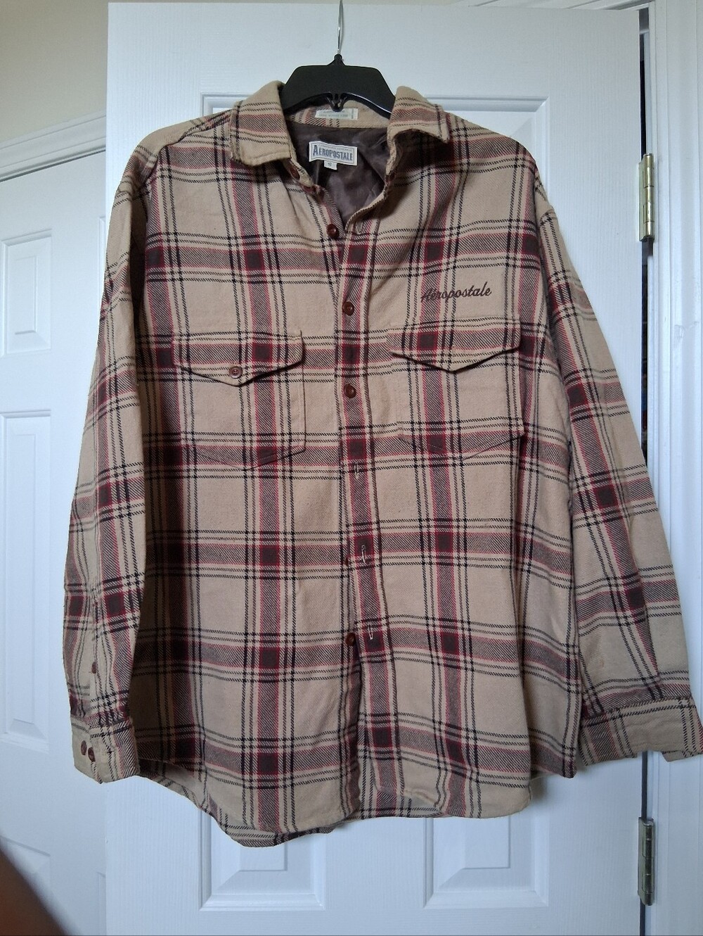Aeropostale Men's Beige Plaid Button-Front Shirt Jacket with Red Accents